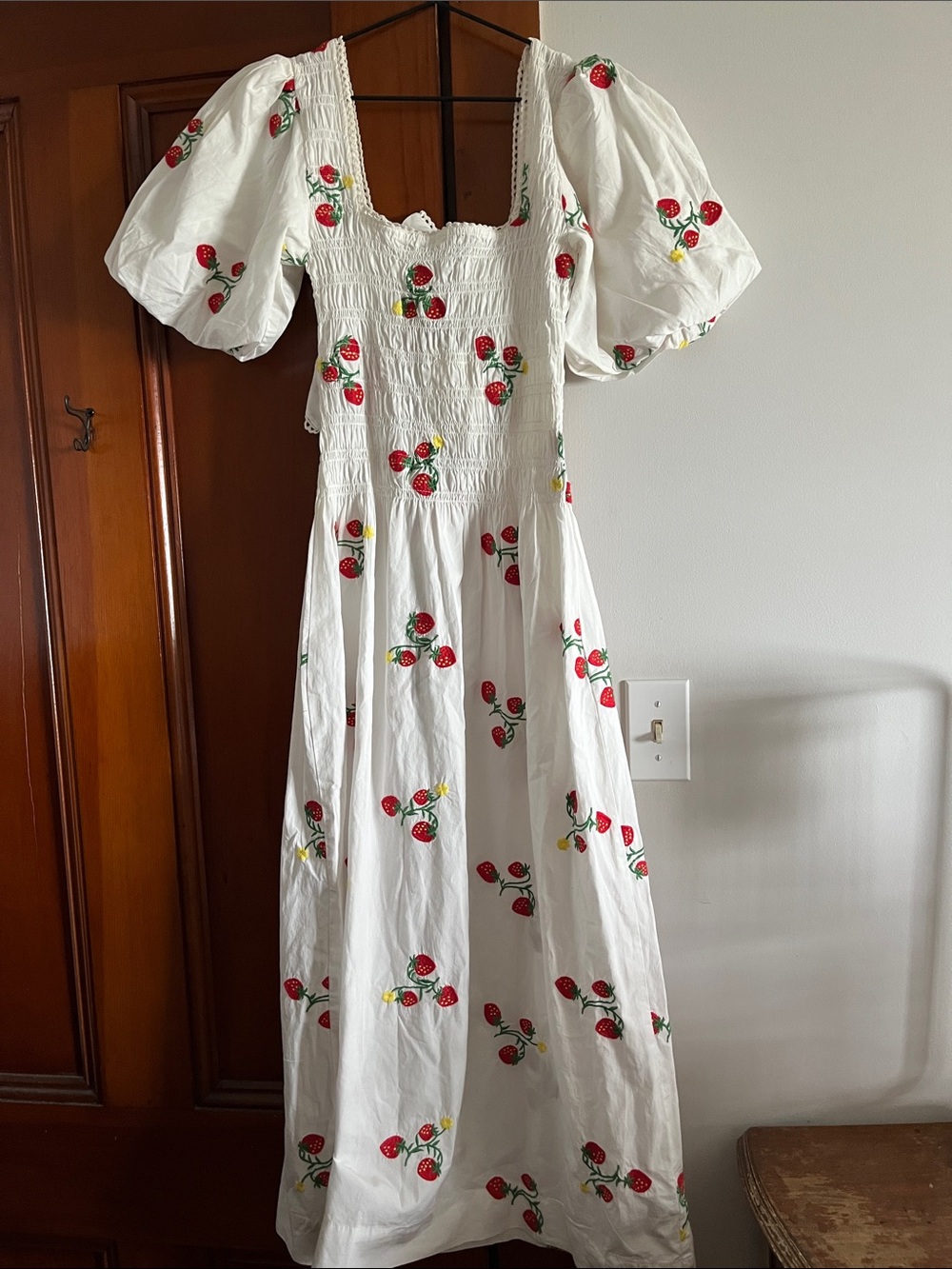 Damson Madder White Strawberry Embroidery Midi Dress with Puff Sleeves - Picture 2 of 16